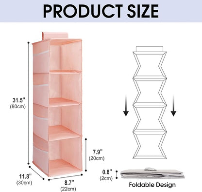 PetsHome 4-Shelf Hanging Closet Organizer, Space Saver, Closet Hanging Storage Shelves with Mesh Pockets & Magic Tap for Storage, Foldable-Pink
