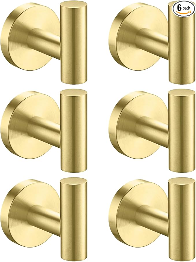 Nolimas Bathroom Towel Hooks SUS 304 Stainless Steel Coat Hook Round Clothes Towel Coat Robe Hook Cabinet Closet Door Sponges Holder for Bath Kitchen Garage Hotel,Wall Mounted,Brushed Gold,6Pack