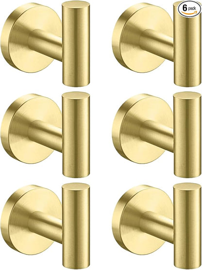 Nolimas Bathroom Towel Hooks SUS 304 Stainless Steel Coat Hook Round Clothes Towel Coat Robe Hook Cabinet Closet Door Sponges Holder for Bath Kitchen Garage Hotel,Wall Mounted,Brushed Gold,6Pack