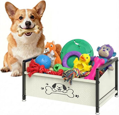 Dog Toy Basket for Storage, Metal Frame Oxford Fabric Pet Toy Organizer with Raised Legs, Large Capacity Dog Toy Bin with Front Low Opening, Washable and Durable Design