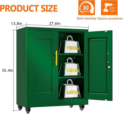 Metal Storage Cabinet with Wheels, 36" Tall Locking Storage Cabinet with 2 Adjustable Shelves, Locking Garage Cabinet, Steel Locker Organizer, for Office, Home, School, Green