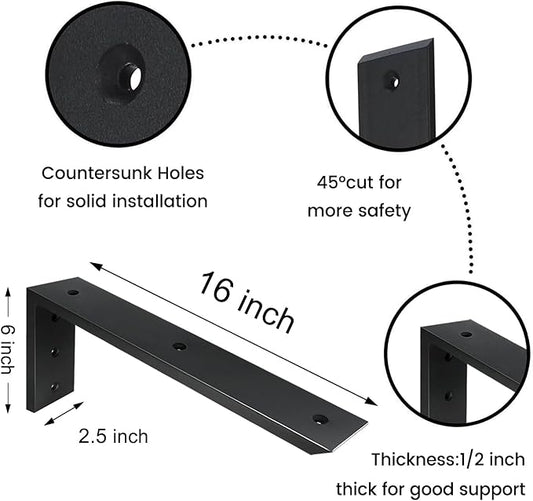 Countertop Support Bracket 3 Pack 16 inch Heavy Duty 1/2" Thick Black Black Granite Countertop Bracket 16"x6"x2.5" Shelf L Bracket Mantel Corbels for Quartz/Granite/Wood/Concret/Laminate Countertops