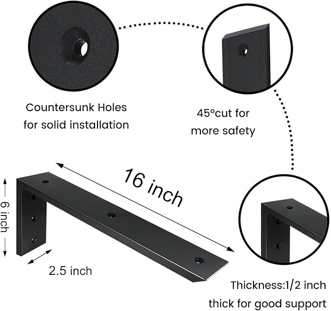 Countertop Support Bracket 4 Pack 16 inch Heavy Duty 1/2" Thick Black Black Granite Countertop Bracket 16"x6"x2.5" Shelf L Bracket Mantel Corbels for Quartz/Granite/Wood/Concret/Laminate Countertops