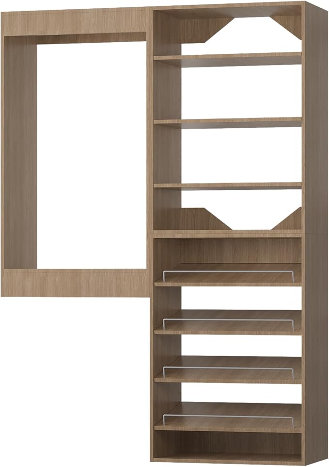ROOMTEC Modular Closet System, 49" Wall Mounted Closet Organizer with Hanging Rods and Shoe Shelf, Wooden Tower for Walk-In Closets, Wardrobe Storage Kit, Wood