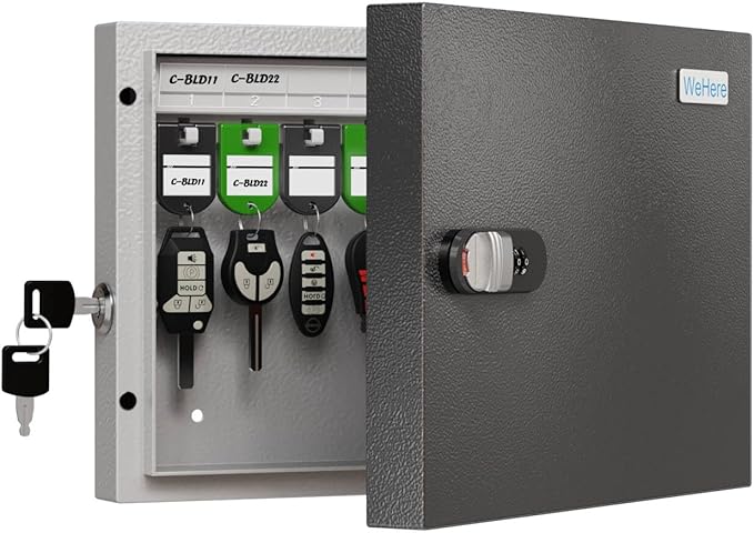 WeHere 16 Key Lock Box – Wall Mounted Key Cabinet with Dual Lock (Key & 3-Digit Combination), Home & Small Office Key Organizer for Entryway & Garage，Includes Key Tags