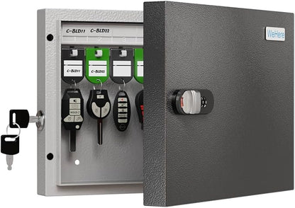 WeHere 16 Key Lock Box – Wall Mounted Key Cabinet with Dual Lock (Key & 3-Digit Combination), Home & Small Office Key Organizer for Entryway & Garage，Includes Key Tags