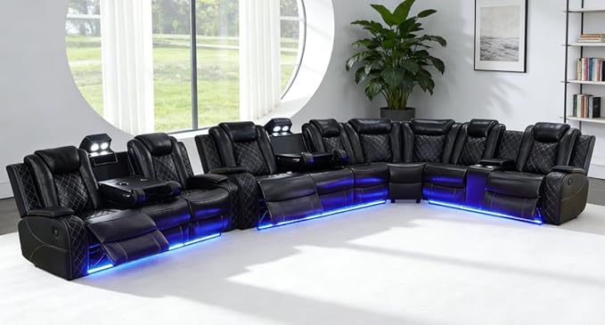 Power Reclining Sectional Sofa with LED, Power Recliner Sofa Set for Living Room, Black Leather Reclining Sectional Recliner Couch with USB, Cup Holders, Storage for Home/Office/House