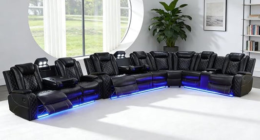 Power Reclining Sectional Sofa with LED, Power Recliner Sofa Set for Living Room, Black Leather Reclining Sectional Recliner Couch with USB, Cup Holders, Storage for Home/Office/House