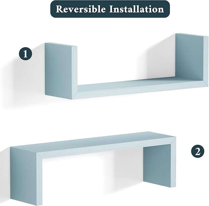 SRIWATANA Floating U Shelves Wall Mounted, Solid Wood Wall Shelves Set of 3 (Blue)