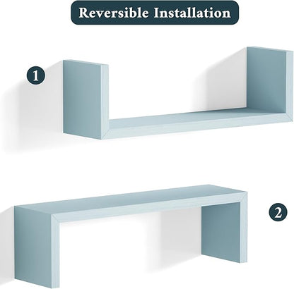 SRIWATANA Floating U Shelves Wall Mounted, Solid Wood Wall Shelves Set of 3 (Blue)