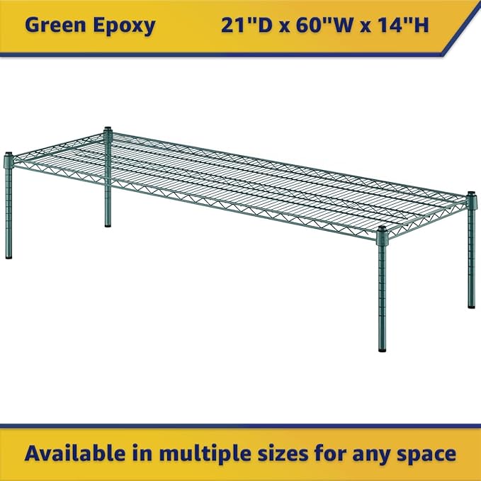 21" x 60" x 14" Green Epoxy Wire Storage Shelf, Dunnage Rack, Commercial 1 Tier Small Shelf