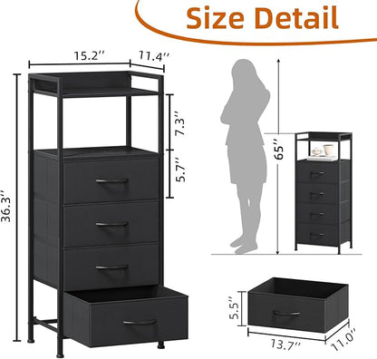 Somdot Night Stand with 4 Drawers, Vertical Storage Tower Fabric Dresser for Bedroom, Nightstand Bedside Table Furniture, Sturdy Steel Frame, Wooden Top & Easy Pull Fabric Bins, Black