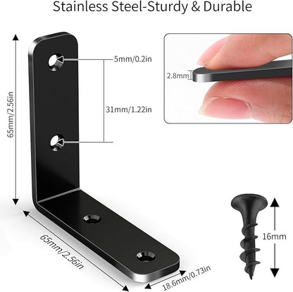 YUMORE L Bracket Corner Brace, 6Pcs 65x65mm Joint Right Angle Brackets Heavy Duty Stainless Steel 90 Degree Bracket Fastener for Wood Shelves Chair Tables Dressers Furniture with Screws, Black