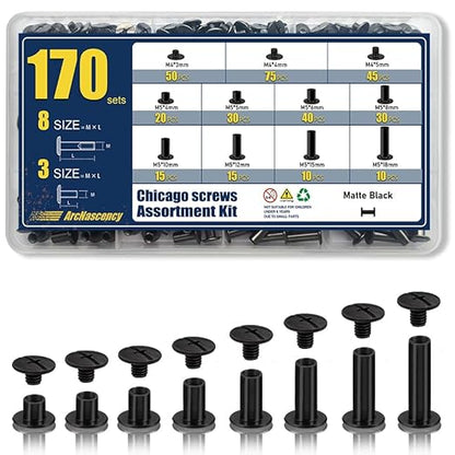 170 Sets Matte Black Chicago Screws for Leather Rivets Kit, 8 Sizes M5x4-18mm Rivets for Leather for Belts, Bookbinding,Deep Black Chicago Screw Assortment