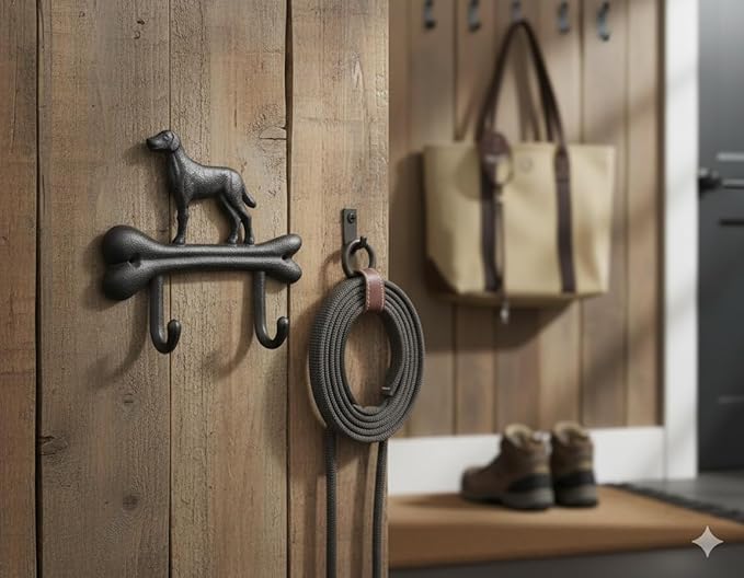 Comfy Hour 7" Heavy Duty Cast Iron Dog Wall Hook, Decorative Dog on Bone Double Key Holder for Wall, Rustic Animal Coat Hanger for Entryway, Mudroom & Nursery, Dog Lovers Gift, Antique Black