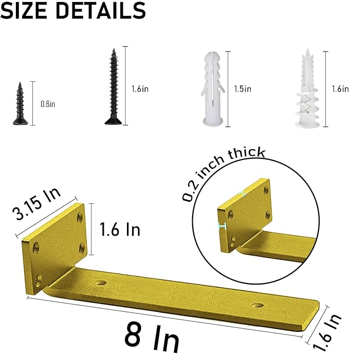 Premium Heavy Duty Shelf Brackets – 0.2In Thick Gold L Shape Shelf Bracket, Hidden Steel Brackets for Shelves - 8 Inch Heavy Duty Floating Shelf Hardware (6Pcs)