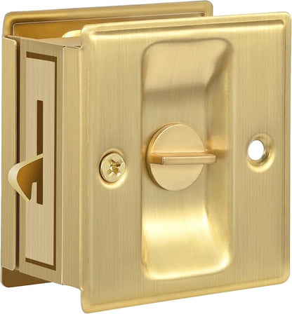 HOMOTEK 1 Pack Privacy Sliding Door Lock with Pull - Replace Old Or Damaged Pocket Door Locks Hardware Quickly and Easily, 2-3/4”x2-1/2”, for 1-3/8” Thickness Door,Brushed Brass