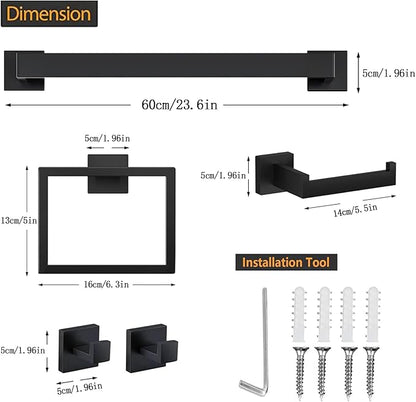 5 Piece Bathroom Towel Bar Set - SUS304 Stainless Steel Bath Towel Holder, 23.6 Inch Towel Racks for Bathroom Wall Mounted, Bathroom Hardware Accessories Set - Matte Black