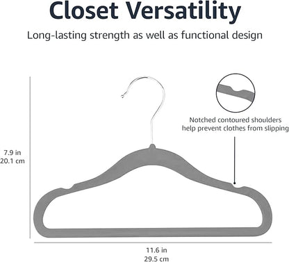 Amazon Basics Kids Velvet Non-Slip Space Saving Clothes Hangers with Shoulder Notches, Sturdy Closet Organizer for Baby/Toddler, 11.6", Gray, 30-Pack