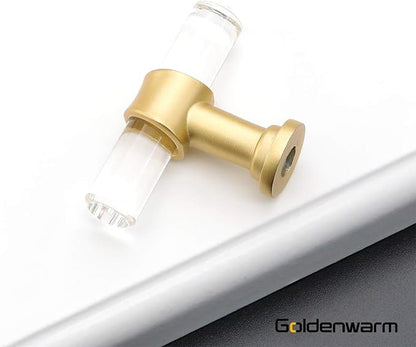 goldenwarm Pack of 500 Bar Knobs Brushed Brass Drawer Knobs - LS9165GD Clear Acrylic T Bar Handles Gold Pulls for Cabinets Acrylic Cabinet Hardware Decorative Handles, Zinc Alloy Base