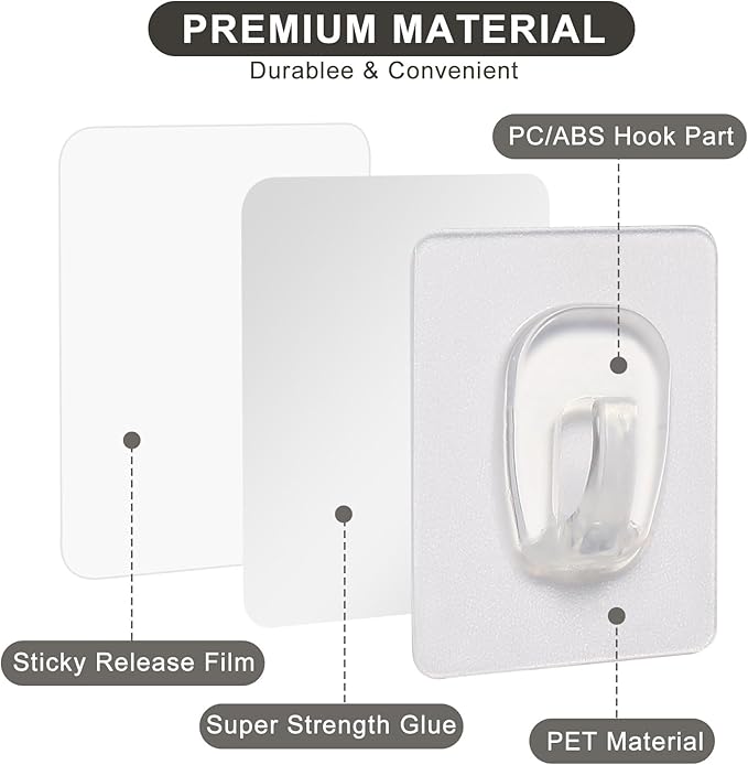 54 Pack Small Adhesive Wall Hooks, Clear Mini Hooks with Adhesive Strips, Damage Free Sticky Hooks for Hanging Decorations,Lights and Cables