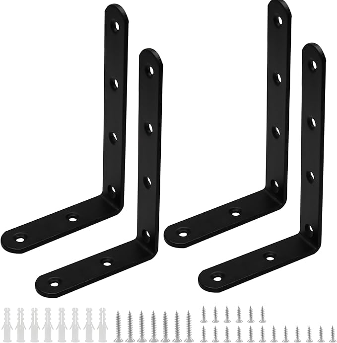 Luomorgo 4 Pcs L Brackets for Shelves, Heavy Duty Stainless Steel L Shaped Bracket, Decorative Corner Brace Joint Right Angle Bracket Wall Hanging with Screws, 5 x 3 Inch, Black
