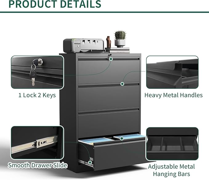 4 Drawer Lateral File Cabinet, Metal File Cabinets for Home Office with Lock, Large Filing Storage Cabinet Printer Stand, Steel Wide File Cabinet for Legal/A4/F4/Letter,Require Assembly, Black