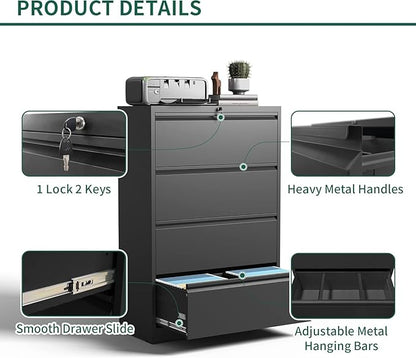 4 Drawer Lateral File Cabinet, Metal File Cabinets for Home Office with Lock, Large Filing Storage Cabinet Printer Stand, Steel Wide File Cabinet for Legal/A4/F4/Letter,Require Assembly, Black