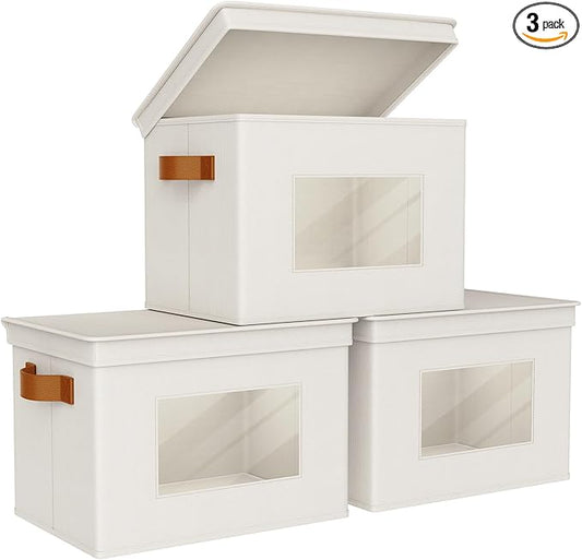 Univivi Storage Boxes with Lids Fabric Foldable Storage Bin for Clothes, [3-Pack] Closet Organizer Containers boxes with Handles for Home, Bedroom, Closet Storage (Beige,17” x 12” x 12")