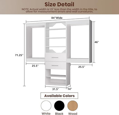 ROOMTEC Modular Closet System, 84" Wall Mounted Closet Organizer with Hanging Rods and Drawers, Wooden Tower for Walk-In Closets, Wardrobe Storage Kit, White