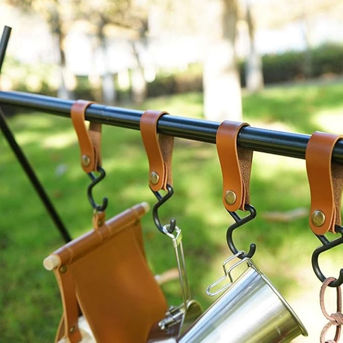 Leather Straps with Hooks 5Pcs Leather Hooks S Shelf Hooks Camping Hook for Kitchen, Bathroom, Bedroom, Office, and Outdoor Use - Stylish and Durable Storage Solution (orange brown)