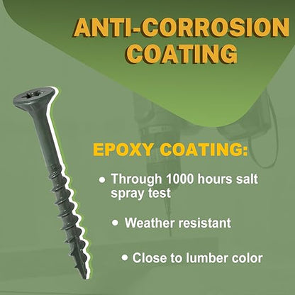 LIONMAX Deck Screws 5 Inch, Wood Screws #10 x 5, 300 PCS, Rust Resistant, Exterior Epoxy Coated, Outdoor Decking Screws, Torx/Star Drive Head Screw, T25 Star Bit Included, Green