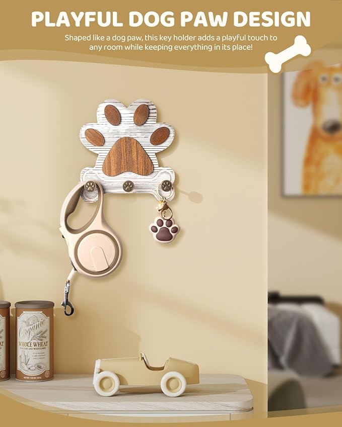MTERSE Pine Wood Decorative Key Holder Wall Mount – Cute Dog Paw Key Hooks for Wall, Dog Leash Holder for Home Decor – Farmhouse Coat Rack for Entryway, Bedroom & Home Office (White)