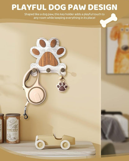 MTERSE Pine Wood Decorative Key Holder Wall Mount – Cute Dog Paw Key Hooks for Wall, Dog Leash Holder for Home Decor – Farmhouse Coat Rack for Entryway, Bedroom & Home Office (White)
