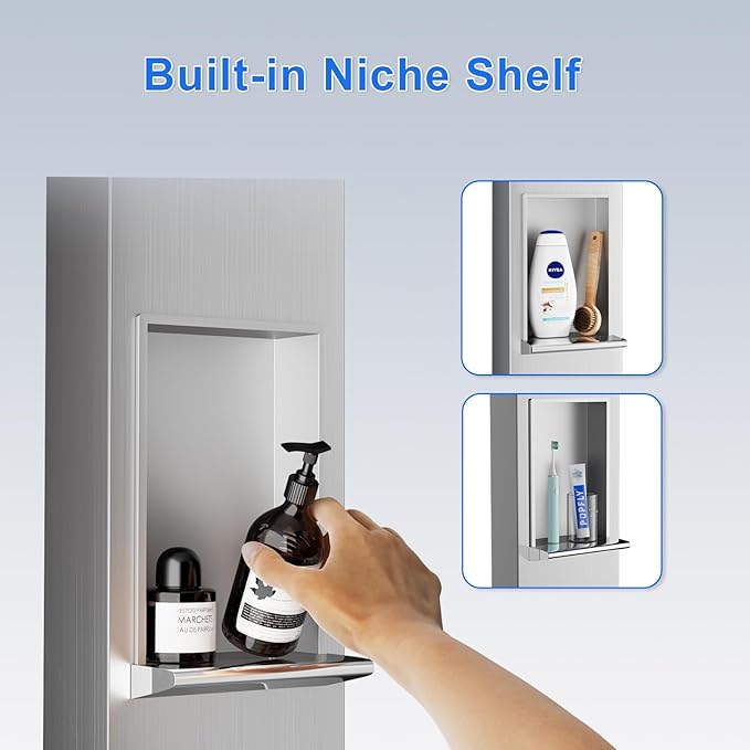 POPFLY Shower Panels System with 8-inch Rainfall Shower and Shelf, Shower Tower with Adjustable Head, 6 Body Jets and 5-Setting Handheld Shower, Brushed Nickel, Stainless Steel