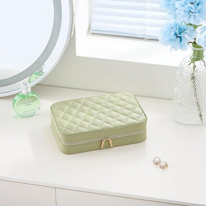 Lolalet Travel Jewelry Case for Women Girls, Travel Jewelry Organizer Box with Mirror & Clear Storage Bag, Small Portable Earring Necklace Bracelet Ring Case, Birthday Valentine Gifts -Medium, Green