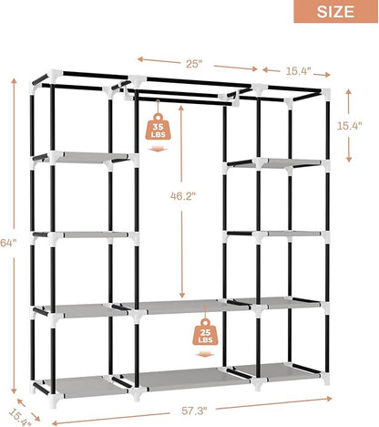 VTRIN Portable Closet Wardrobe for Hanging Clothes 57.3 Inch Large Capacity Clothes Rack with Cover, 10 Storage Organizer Shelves, 1 Hanging Rods and 6 Pockets, Free Standing Closet, White