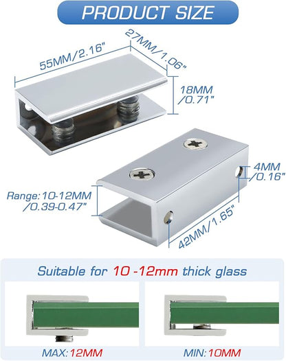 Alise Glass Shelf Bracket Adjustable Shower Brackets,Heavy Duty Rectangle Clamp Holder for 10-12mm Glass Shelves,Wall Mount Clamps Clip Support Hardware Replacement Parts,Polished Chrome 4 Pcs