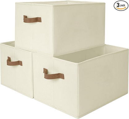 StorageWorks Foldable Storage Bins with PU Handles, Closet Storage Baskets, Fabric Bins for Clothes Storage, Ivory White, 3-Pack, Extra Large