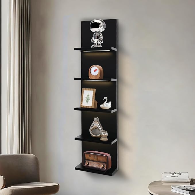 5 Tier Wall Shelf Unit, Black Shelves,Lack Shelf, Wall Shelves for Bedroom，Office,Bathroom, Vanity Shelves with LED Remote Control Light