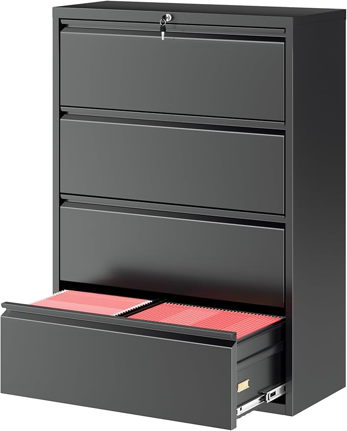 Bonusall File Cabinet, Lateral Filing Cabinet, 4 Drawer Metal File Cabinet with Lock, Lockable Filing Cabinet for Home Office, Hanging Files Letter/Legal/A4/F4 - Black