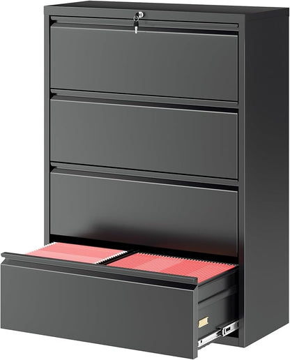 Bonusall File Cabinet, Lateral Filing Cabinet, 4 Drawer Metal File Cabinet with Lock, Lockable Filing Cabinet for Home Office, Hanging Files Letter/Legal/A4/F4 - Black