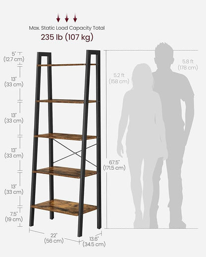 VASAGLE Ladder Shelf, 5-Tier Bookshelf, Storage Rack, Bookcase with Steel Frame, for Living Room, Home Office, Kitchen, Bedroom, Industrial Style, Rustic Brown and Ink Black ULLS45X