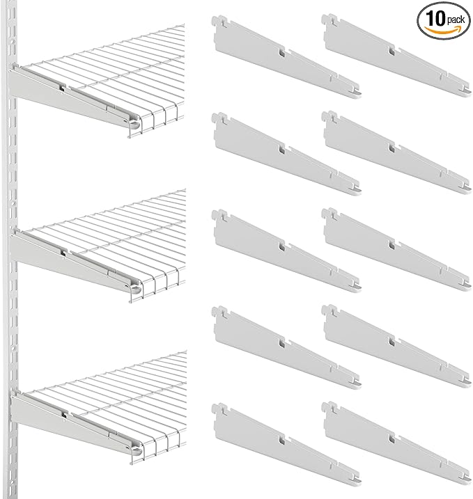 13-Inch Double-Track Wire Shelf Brackets, 10 Pack – Heavy-Duty Metal Shelving Supports for Twin-Track Wall Systems, Compatible with Wire Shelving and Wood Shelves, White