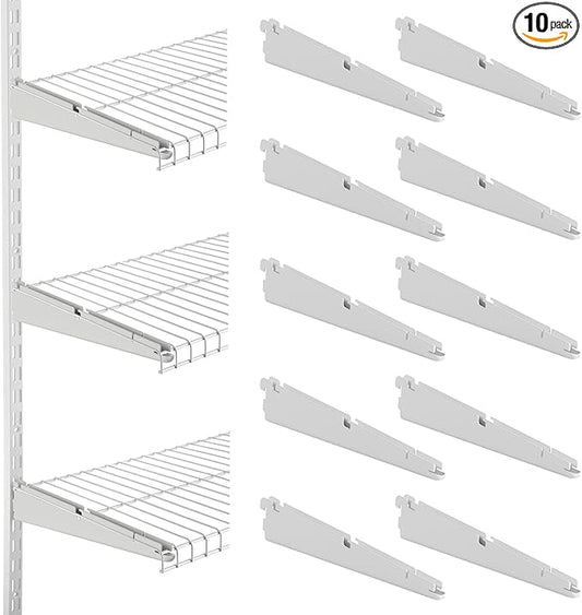 13-Inch Double-Track Wire Shelf Brackets, 10 Pack – Heavy-Duty Metal Shelving Supports for Twin-Track Wall Systems, Compatible with Wire Shelving and Wood Shelves, White