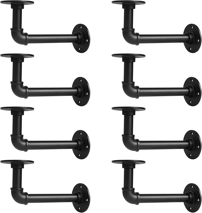 Storystore Industrial Pipe Shelf Brackets, 8 Pack Iron L-Shaped Shelving Brackets for 7-14 inches Board, Heavy Duty Metal Shelving Bracket - Black DIY Pipe Shelves (6.5 x 3.5 Inch)