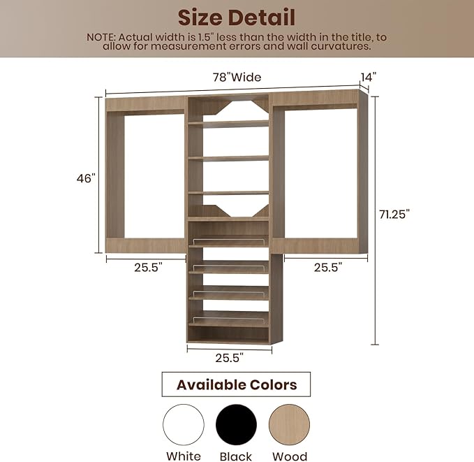 ROOMTEC Modular Closet System, 78" Wall Mounted Closet Organizer with Hanging Rods and Shoe Shelf, Wooden Tower for Walk-In Closets, Wardrobe Storage Kit, Wood