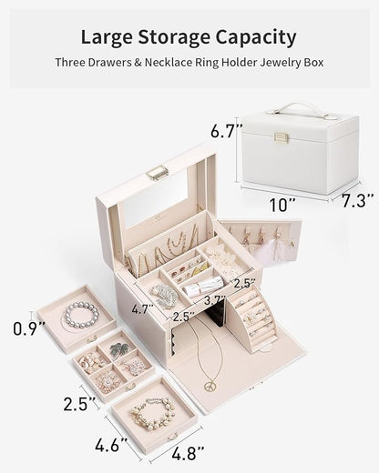Vlando Jewelry Box Organizer for Girls Women, Large Vintage Jewelry Storage Box with Mirror, Drawers for Bracelets, Earrings, Rings, Necklaces, Mothers Day Gifts for Loved One, White, Regular