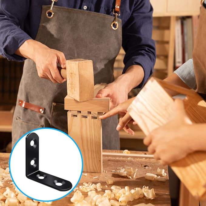 18 Black L Brackets, Stainless Steel Corner Brace for Wood & Metal, Right Angle Bracket for Furniture & Cabinet with 72 Screws (1.57 x 1.57 inch)