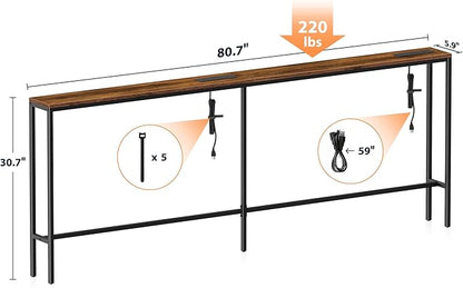 Narrow Sofa Table with 2 Power Outlets, 80.7” Thin Console Tables Narrow Long, Behind Couch Table Skinny, Wood Console Tables for Entryway, Living Room, Hallway, Foyer, Rustic Brown